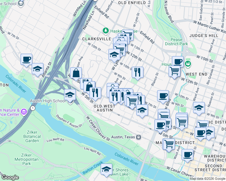 map of restaurants, bars, coffee shops, grocery stores, and more near 617 Highland Avenue in Austin