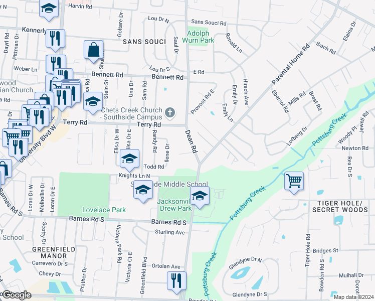 map of restaurants, bars, coffee shops, grocery stores, and more near 6647 Wellington Place Lane in Jacksonville