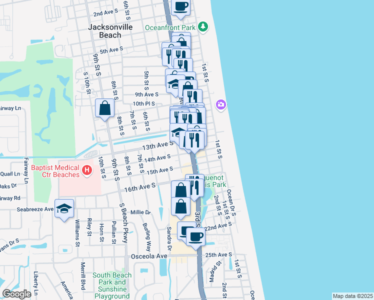 map of restaurants, bars, coffee shops, grocery stores, and more near 1286 3rd Street South in Jacksonville Beach