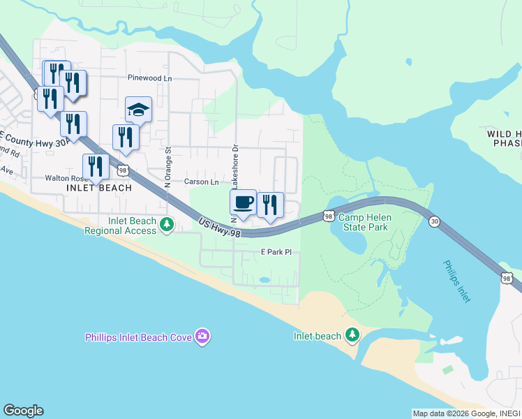 map of restaurants, bars, coffee shops, grocery stores, and more near 378 Grande Pointe Circle in Rosemary Beach