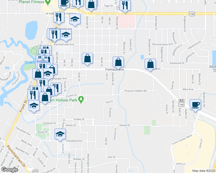 map of restaurants, bars, coffee shops, grocery stores, and more near 2120 10th Street in Slidell
