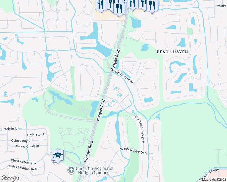 map of restaurants, bars, coffee shops, grocery stores, and more near 13700 Richmond Park Drive North in Jacksonville
