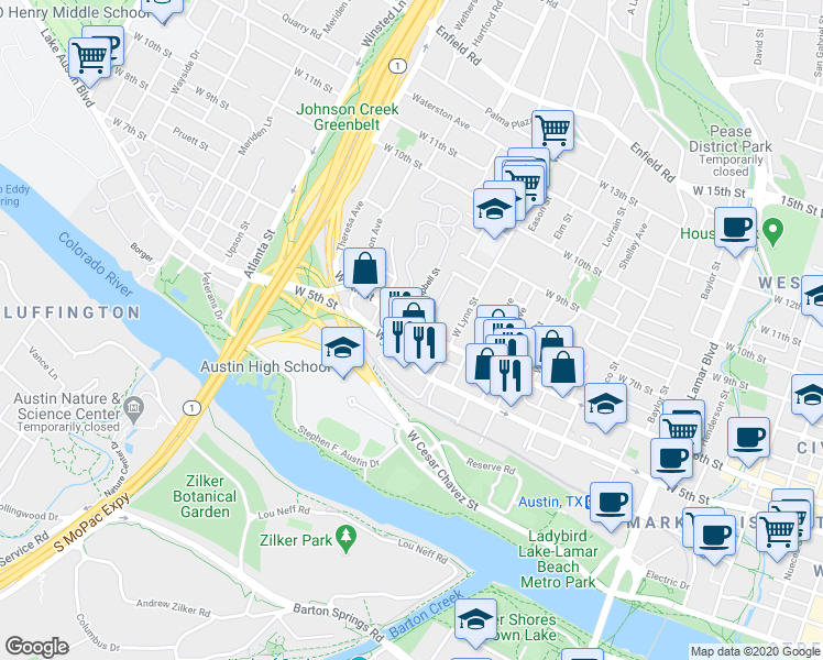 map of restaurants, bars, coffee shops, grocery stores, and more near 1634 West 6th Street in Austin