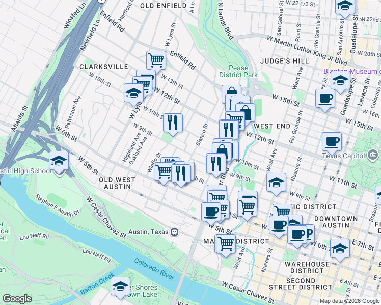 map of restaurants, bars, coffee shops, grocery stores, and more near 900 Blanco Street in Austin