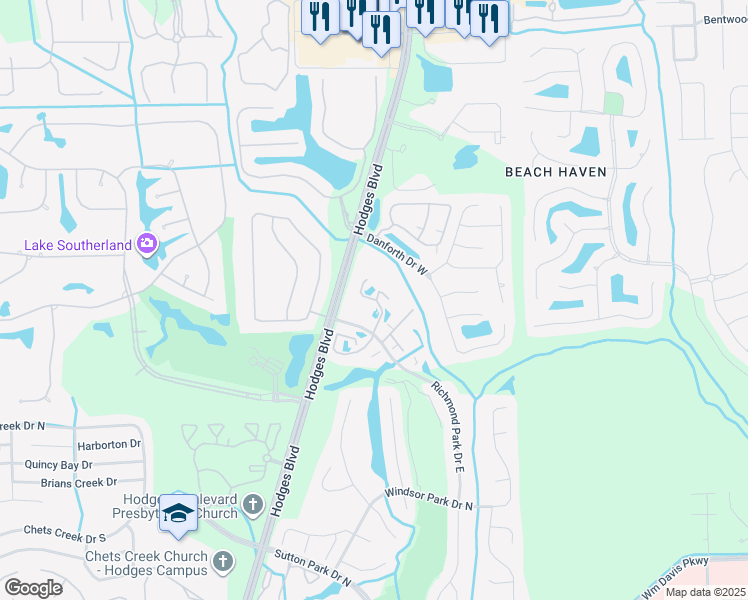 map of restaurants, bars, coffee shops, grocery stores, and more near 13700 Richmond Park Drive North in Jacksonville