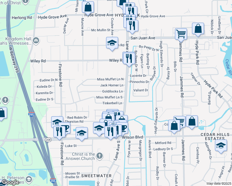 map of restaurants, bars, coffee shops, grocery stores, and more near 6804 Jack Horner Lane in Jacksonville