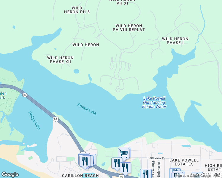 map of restaurants, bars, coffee shops, grocery stores, and more near 1201 Sawgrass Court in Panama City Beach