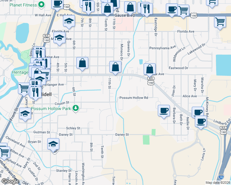 map of restaurants, bars, coffee shops, grocery stores, and more near 2120 11th Street in Slidell