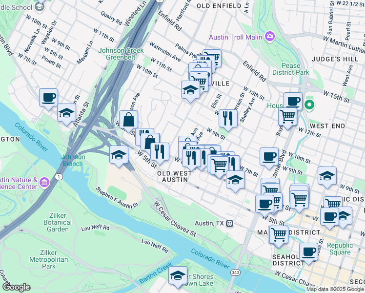 map of restaurants, bars, coffee shops, grocery stores, and more near 700 Highland Avenue in Austin