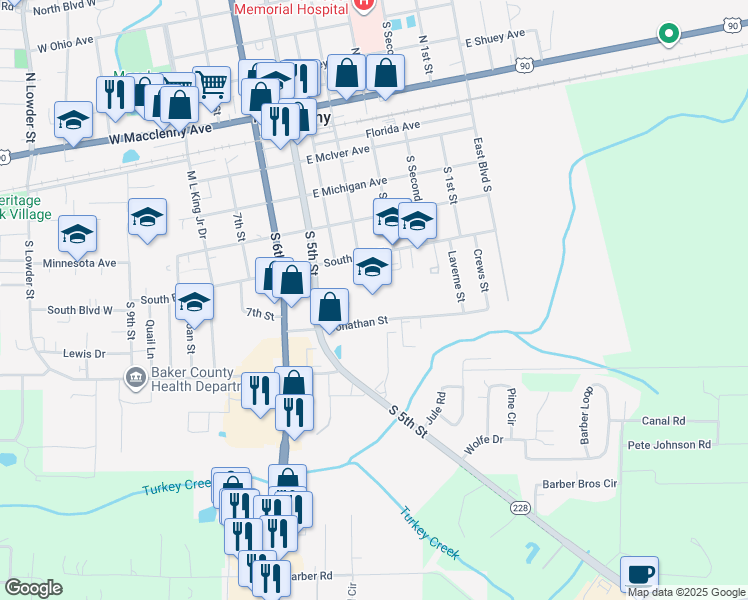 map of restaurants, bars, coffee shops, grocery stores, and more near 211 Jonathan Street in Macclenny