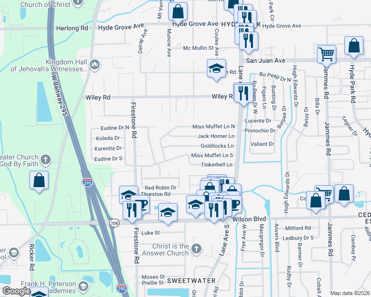 map of restaurants, bars, coffee shops, grocery stores, and more near 6928 Goldilocks Lane in Jacksonville