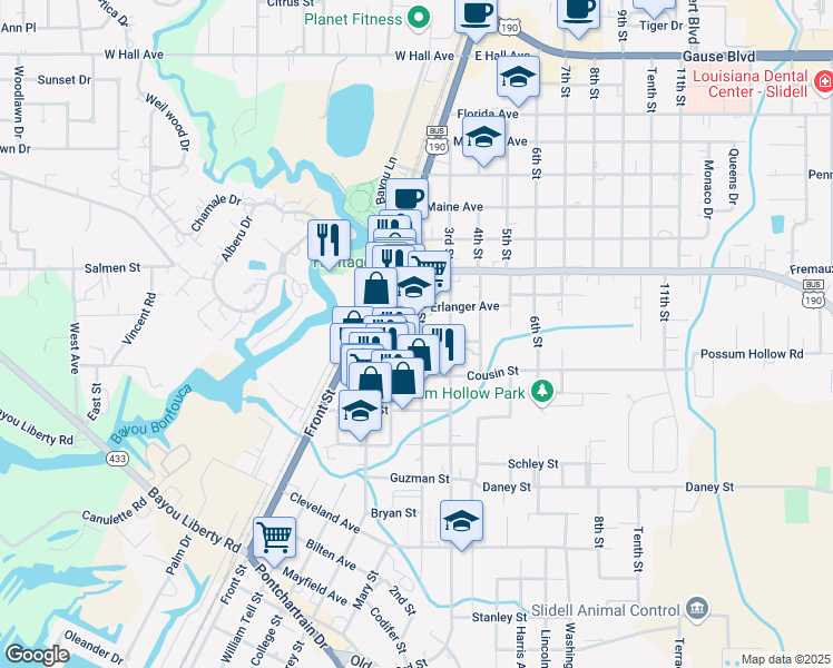 map of restaurants, bars, coffee shops, grocery stores, and more near 300 Bouscaren Street in Slidell