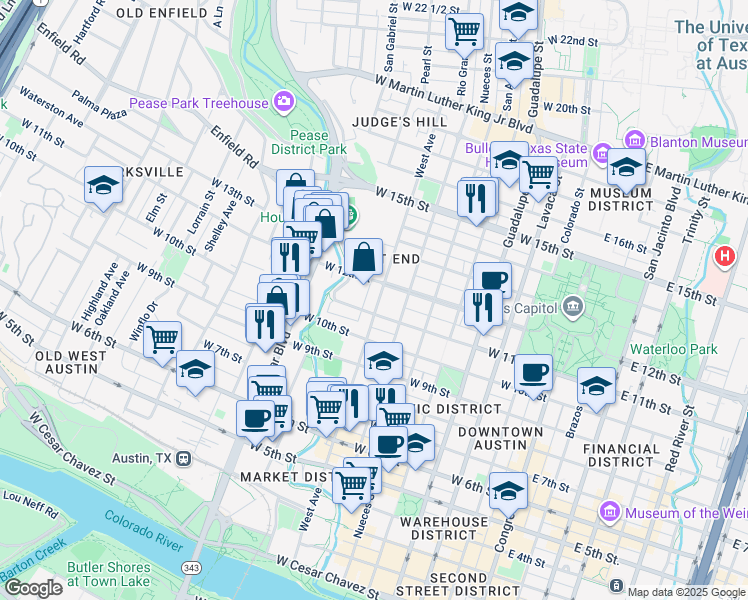 map of restaurants, bars, coffee shops, grocery stores, and more near 807 West 12th Street in Austin