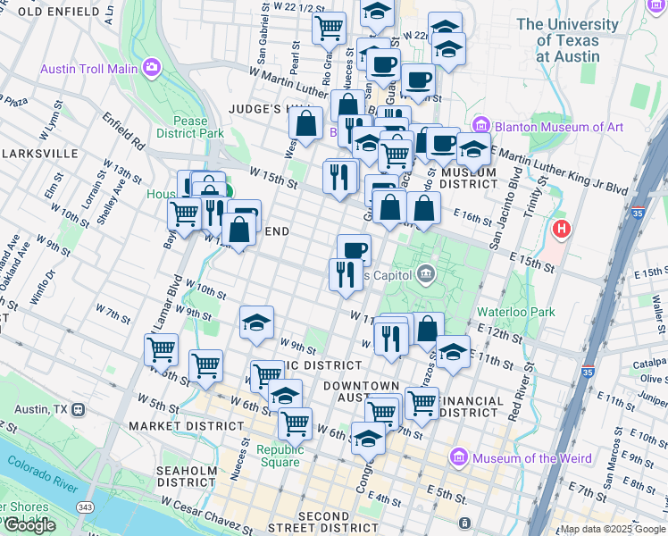map of restaurants, bars, coffee shops, grocery stores, and more near 416 West 12th Street in Austin