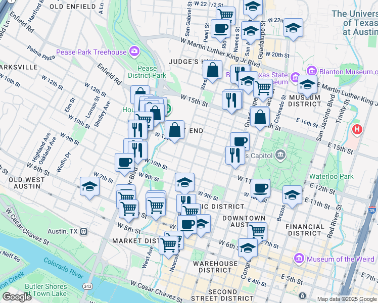 map of restaurants, bars, coffee shops, grocery stores, and more near 705 West 12th Street in Austin