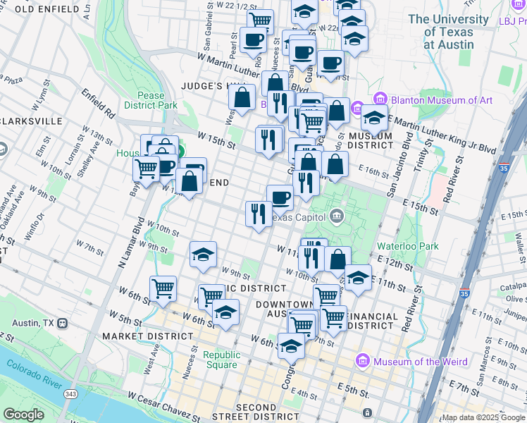 map of restaurants, bars, coffee shops, grocery stores, and more near 416 West 12th Street in Austin