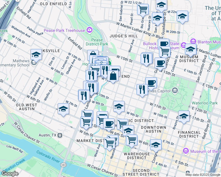 map of restaurants, bars, coffee shops, grocery stores, and more near 807 West 12th Street in Austin
