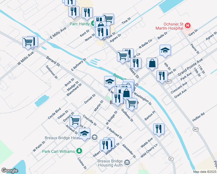 map of restaurants, bars, coffee shops, grocery stores, and more near 100 Martin Street in Breaux Bridge