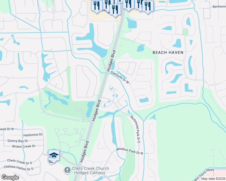 map of restaurants, bars, coffee shops, grocery stores, and more near 13700 Richmond Park Drive North in Jacksonville