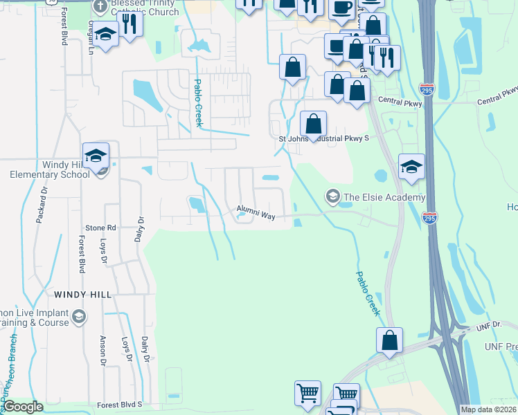 map of restaurants, bars, coffee shops, grocery stores, and more near 3846 Union Pacific Drive East in Jacksonville