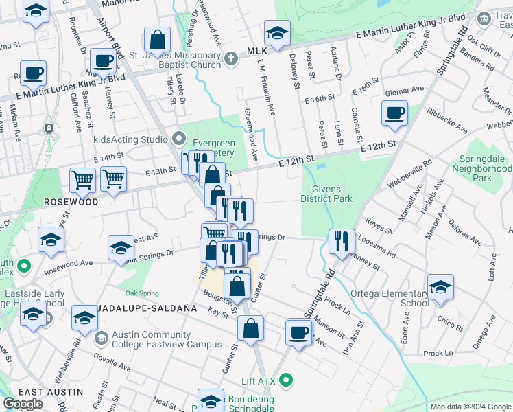 map of restaurants, bars, coffee shops, grocery stores, and more near 3404 Pennsylvania Avenue in Austin