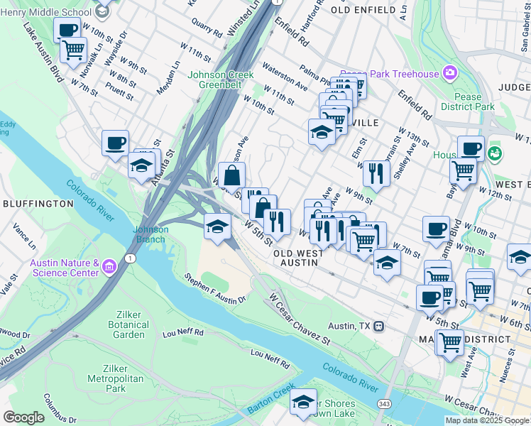 map of restaurants, bars, coffee shops, grocery stores, and more near 1634 West 6th Street in Austin