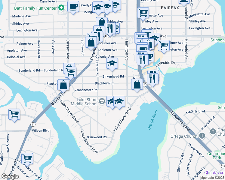map of restaurants, bars, coffee shops, grocery stores, and more near 2401 Jersey Street in Jacksonville
