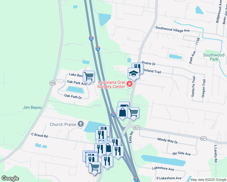 map of restaurants, bars, coffee shops, grocery stores, and more near 14155 Louisiana 73 in Prairieville