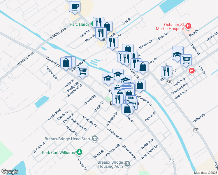 map of restaurants, bars, coffee shops, grocery stores, and more near 100 Martin Street in Breaux Bridge