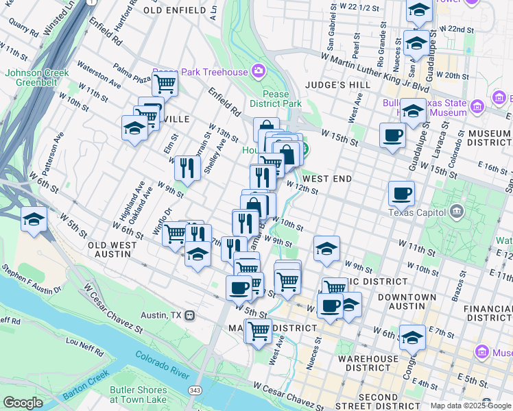 map of restaurants, bars, coffee shops, grocery stores, and more near 1010 West 10th Street in Austin
