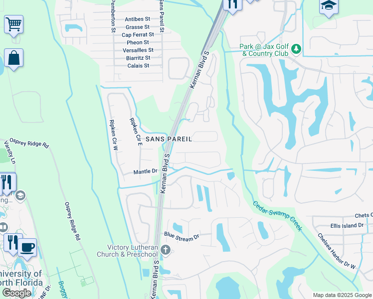 map of restaurants, bars, coffee shops, grocery stores, and more near 12606 Ashglen Drive East in Jacksonville