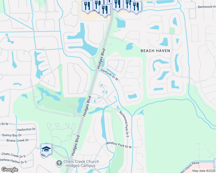 map of restaurants, bars, coffee shops, grocery stores, and more near 3804 Danforth Drive South in Jacksonville