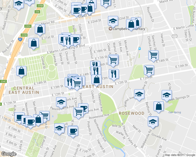 map of restaurants, bars, coffee shops, grocery stores, and more near 1301 Chestnut Avenue in Austin