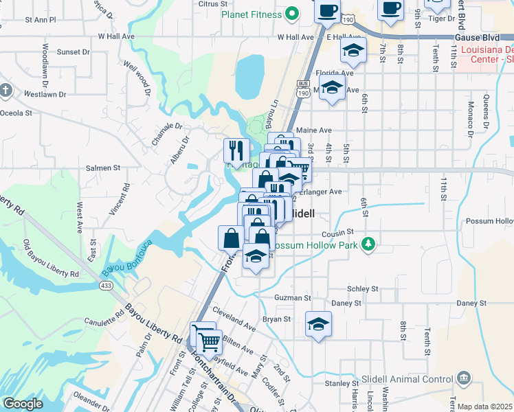 map of restaurants, bars, coffee shops, grocery stores, and more near 2046 Front Street in Slidell