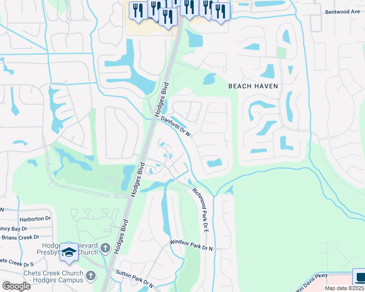 map of restaurants, bars, coffee shops, grocery stores, and more near 3804 Danforth Drive South in Jacksonville