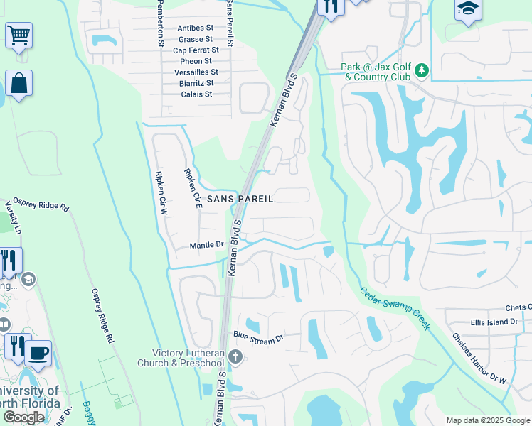 map of restaurants, bars, coffee shops, grocery stores, and more near 12606 Ashglen Drive East in Jacksonville