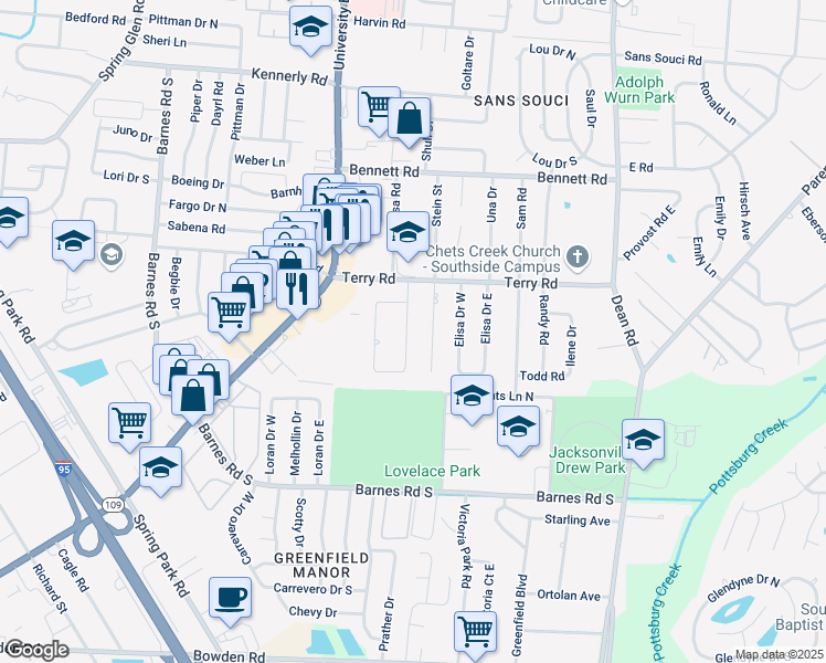 map of restaurants, bars, coffee shops, grocery stores, and more near 2721 Sack Drive West in Jacksonville