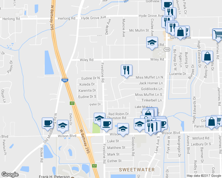 map of restaurants, bars, coffee shops, grocery stores, and more near 2244 Looking Glass Lane in Jacksonville