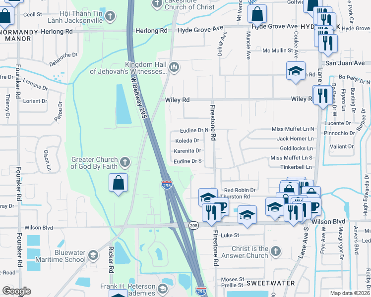 map of restaurants, bars, coffee shops, grocery stores, and more near 7188 Koleda Drive in Jacksonville