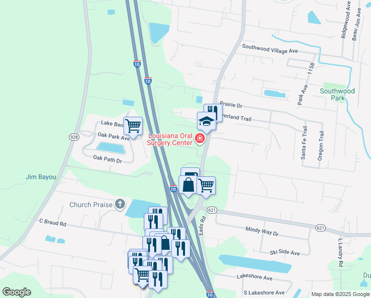 map of restaurants, bars, coffee shops, grocery stores, and more near 14145 Louisiana 73 in Prairieville