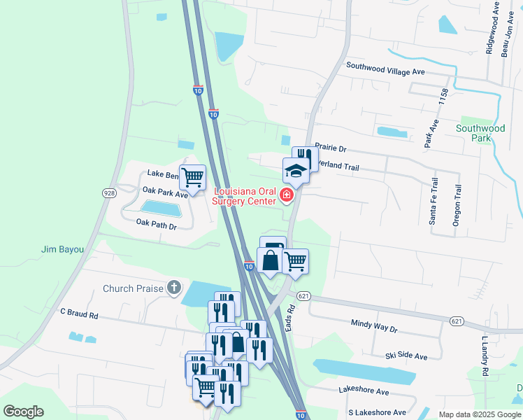 map of restaurants, bars, coffee shops, grocery stores, and more near 14145 Louisiana 73 in Prairieville