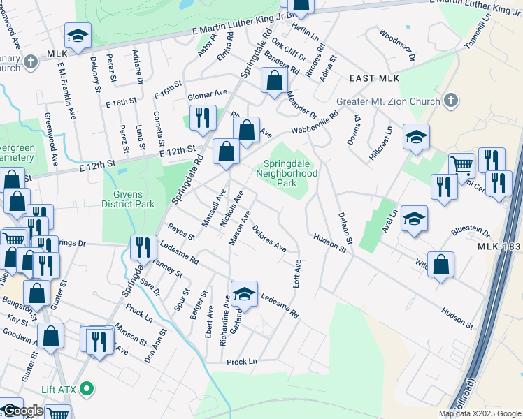 map of restaurants, bars, coffee shops, grocery stores, and more near 5100 Lott Avenue in Austin