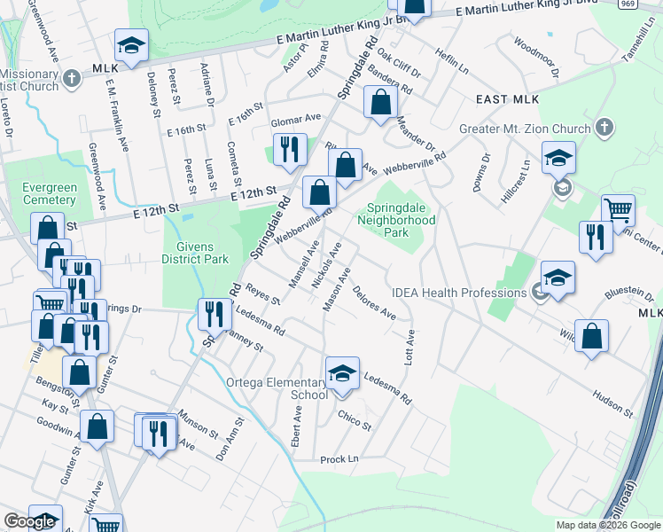 map of restaurants, bars, coffee shops, grocery stores, and more near 1146 Mason Avenue in Austin