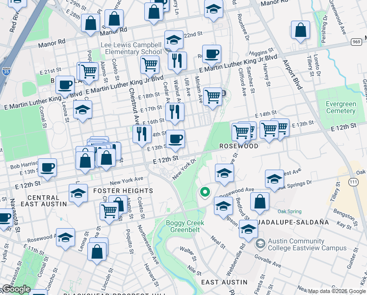 map of restaurants, bars, coffee shops, grocery stores, and more near 1301 Cedar Avenue in Austin