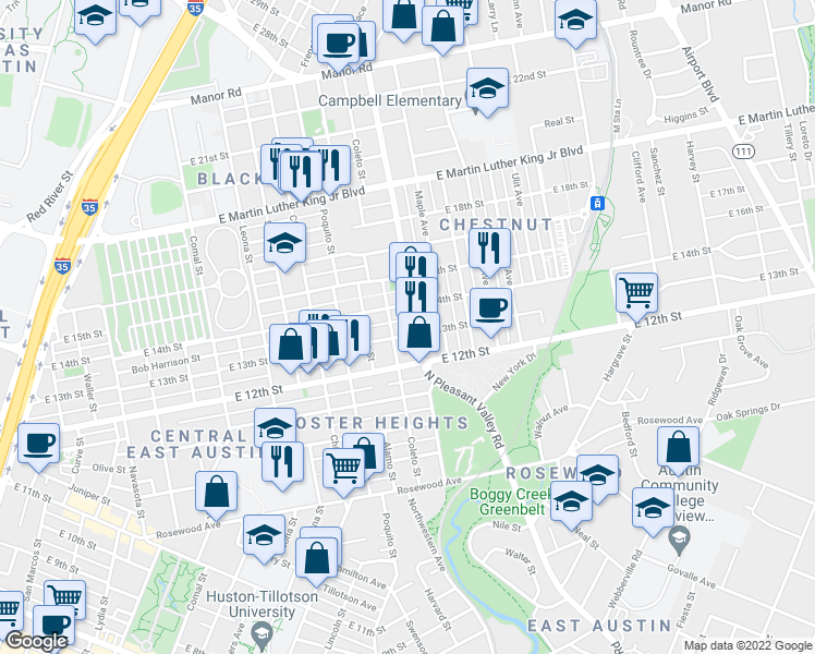 map of restaurants, bars, coffee shops, grocery stores, and more near 1307 Chestnut Avenue in Austin