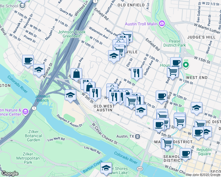 map of restaurants, bars, coffee shops, grocery stores, and more near 700 Highland Avenue in Austin