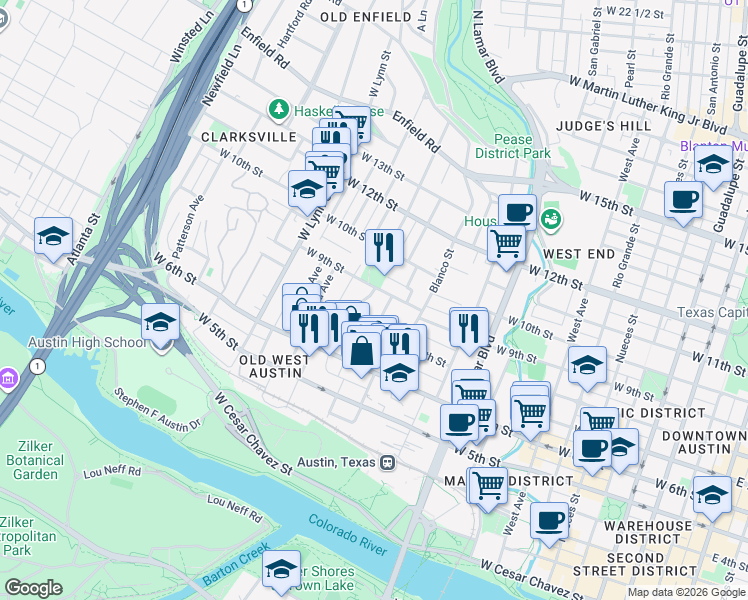 map of restaurants, bars, coffee shops, grocery stores, and more near 809 Winflo Drive in Austin