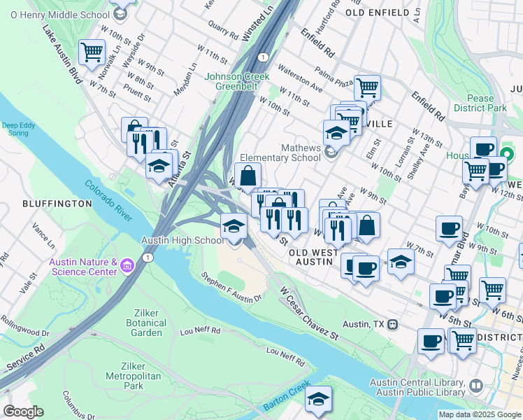 map of restaurants, bars, coffee shops, grocery stores, and more near 1717 West 6th Street in Austin