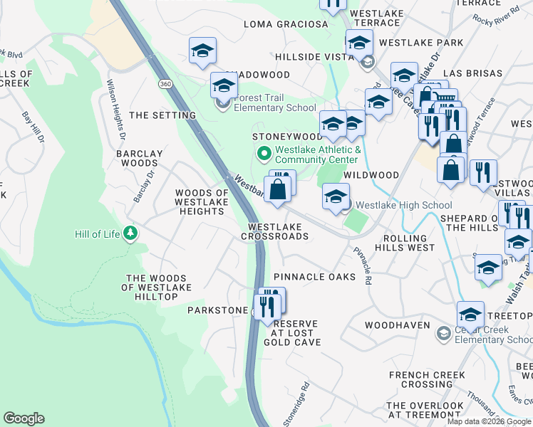 map of restaurants, bars, coffee shops, grocery stores, and more near 4301 Westbank Drive in Austin