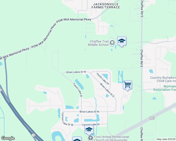 map of restaurants, bars, coffee shops, grocery stores, and more near 2183 Brian Lakes Drive North in Jacksonville